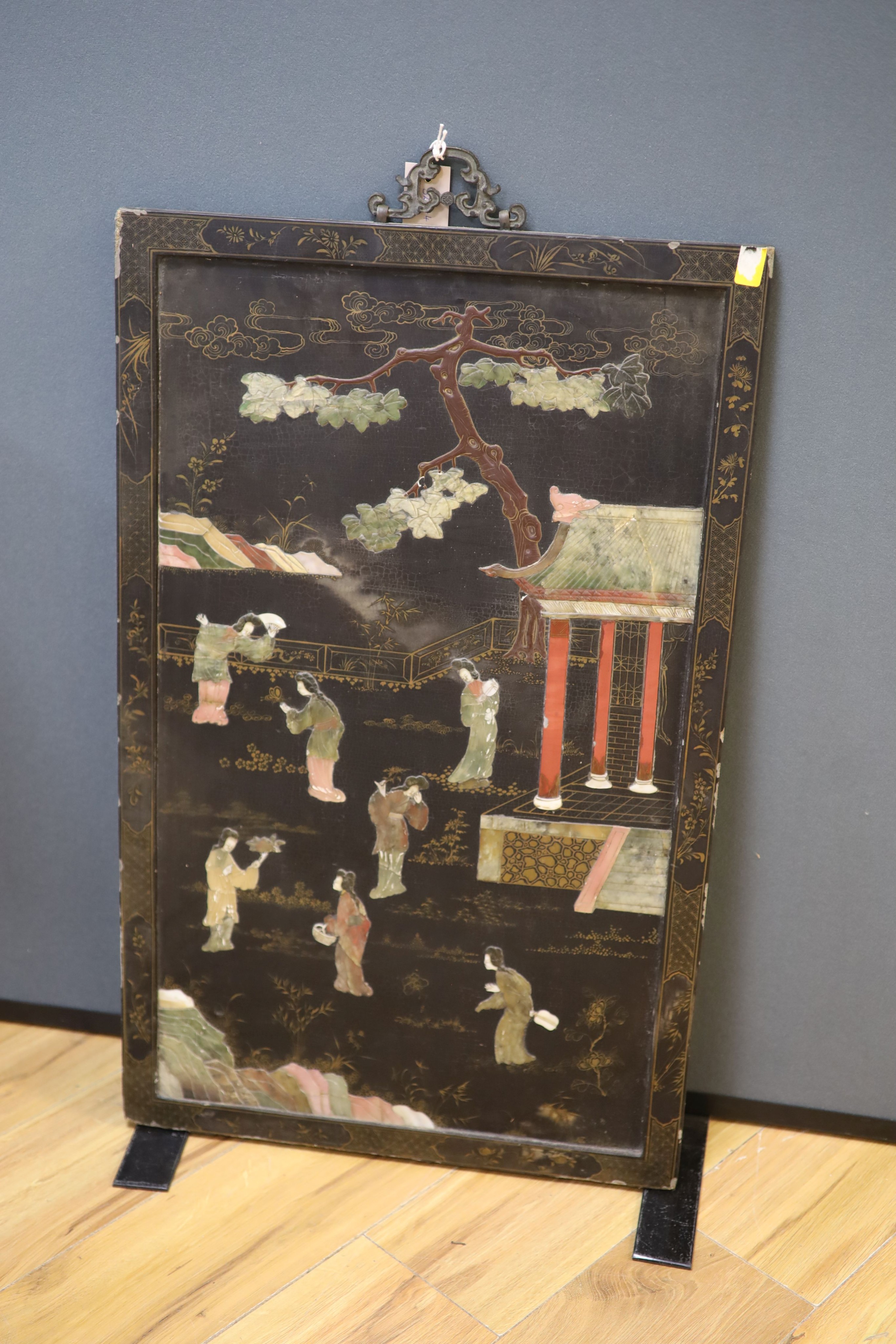 A Chinese soapstone inlaid lacquer panel, 80 1X 50 cm